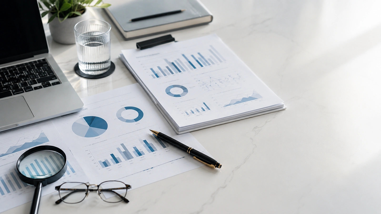 Financial analysis desk with reports and market data