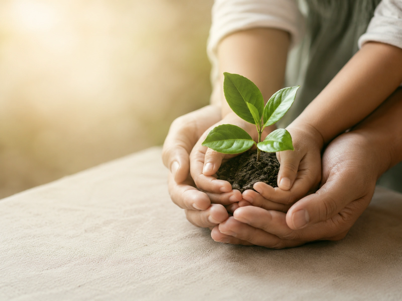 Hands holding a young plant for sustainability